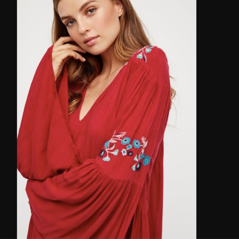 Free People Te Amo Red Peasant Mini Dress Bell Slv - Picture 2 of 8